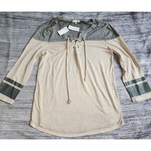 Fitz + Eddi Women's Colorblock Lace-Up Long Sleeve Top‎ - Size M - Gray, Beige